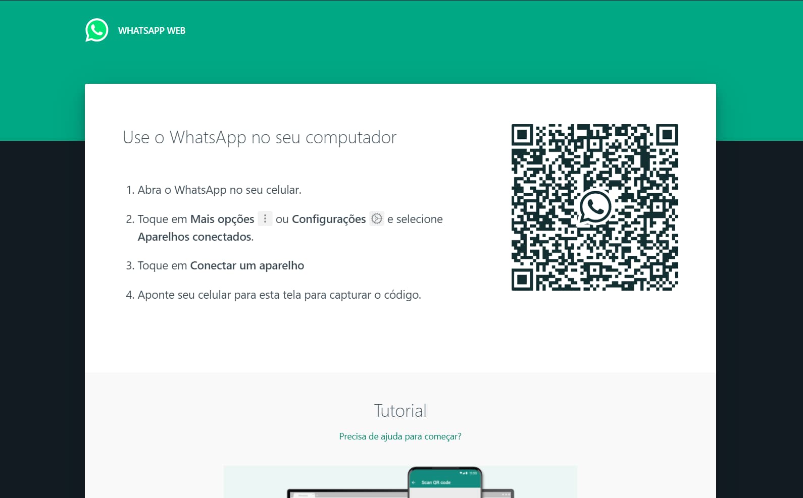 Imagem da entrada do WhatsApp Web, que tem um QRCode para você conectar. 